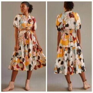 Anthropologie Conditions Apply Puff Sleeved Midi Dress Multicolor Floral 12